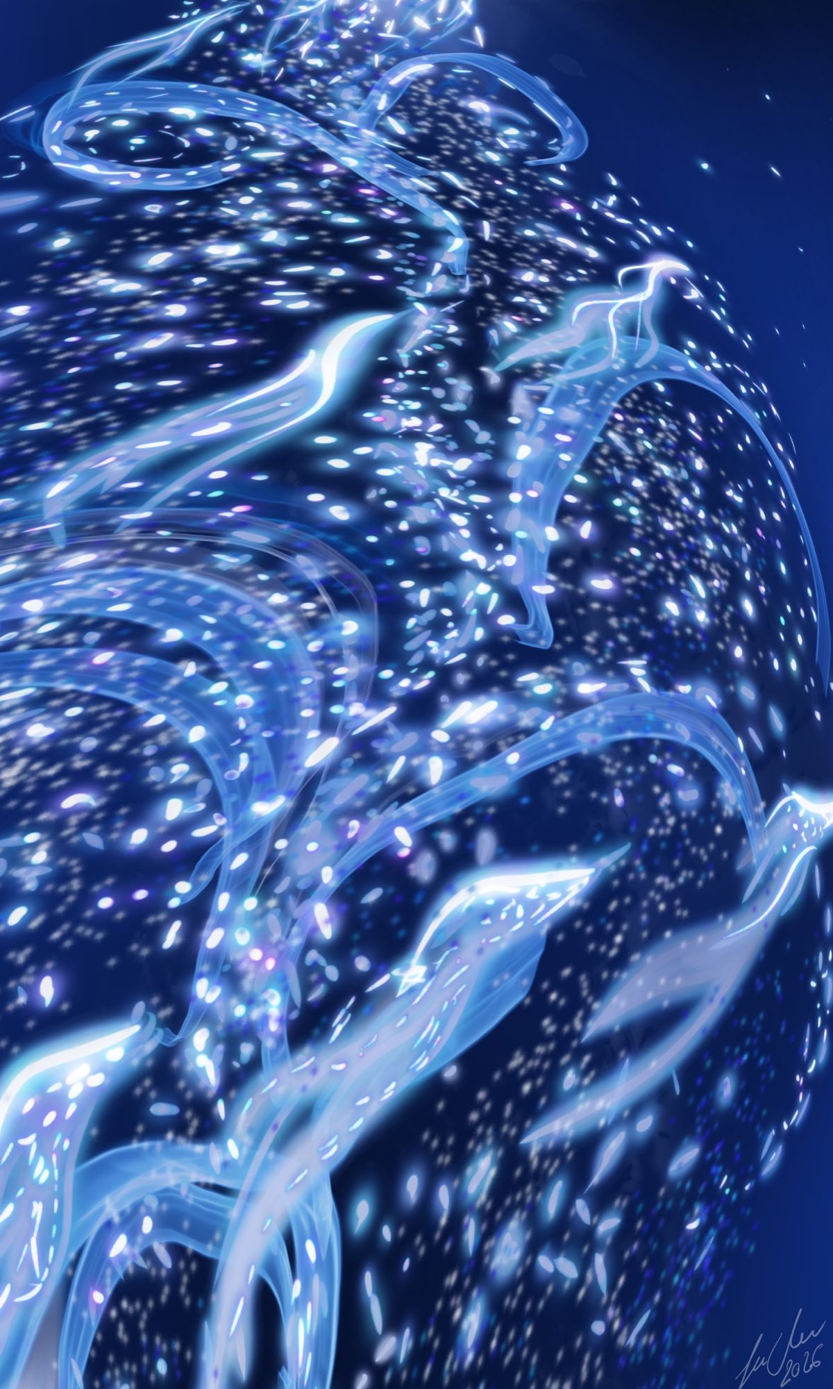 Carros de Luz, colección de Susana Mazzarino Esferas brillantes y translucidas con reflejos en un fondo azul claro.