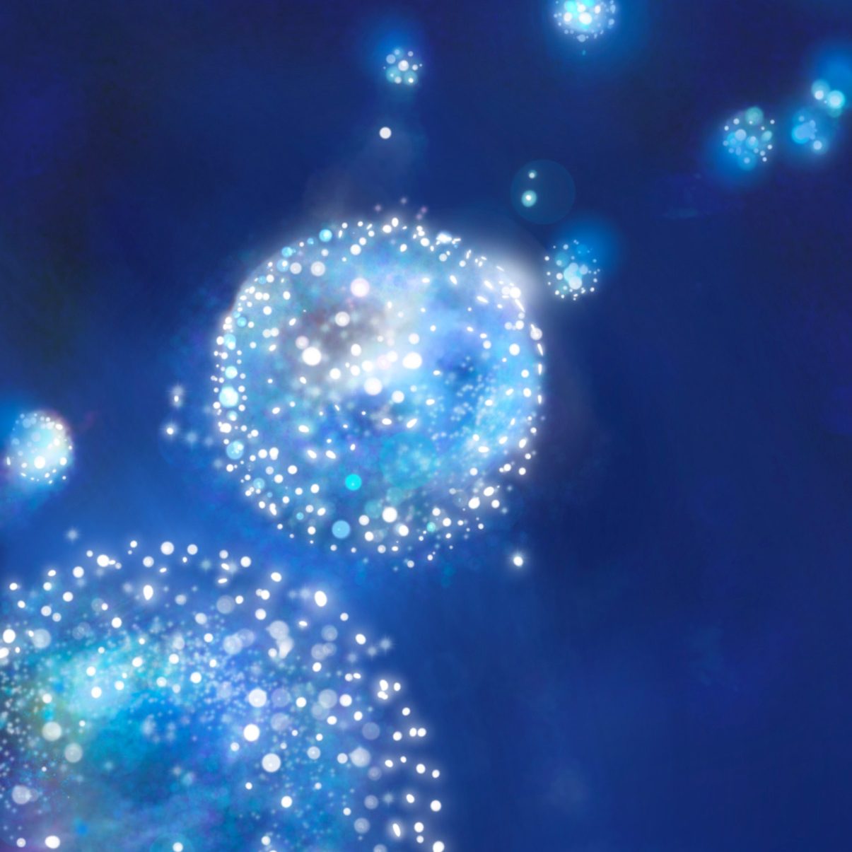 Luz en el misterio, obra maestra de Susana Mazzarino División abstracta de formas fluidas y etéreas en tonos azules y claros.